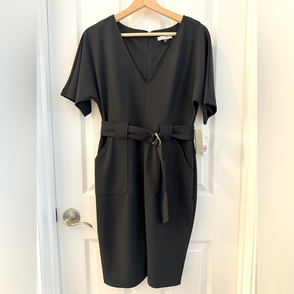 NWT Tash + Sophie Black Belted Dress with Pockets. Gold accents